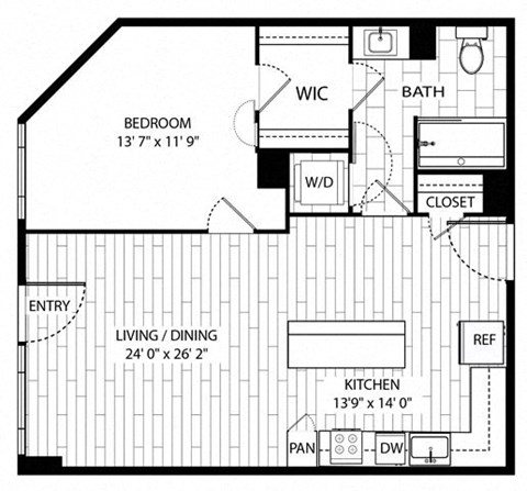 Floor plan for 1 bed, 1 bath, 746 sqft